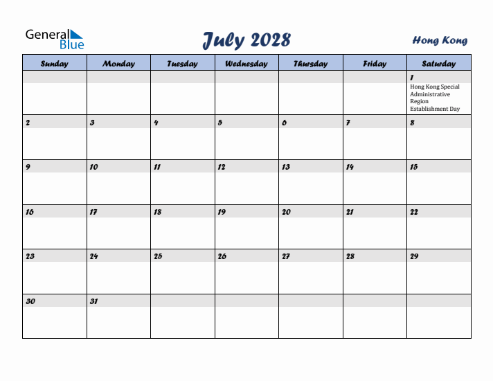 July 2028 Calendar with Holidays in Hong Kong