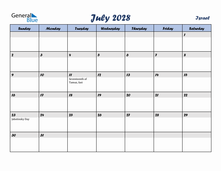 July 2028 Calendar with Holidays in Israel