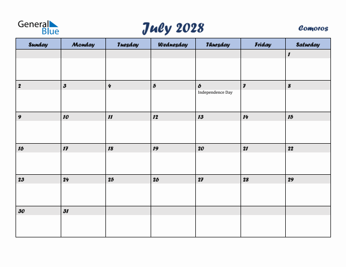 July 2028 Calendar with Holidays in Comoros