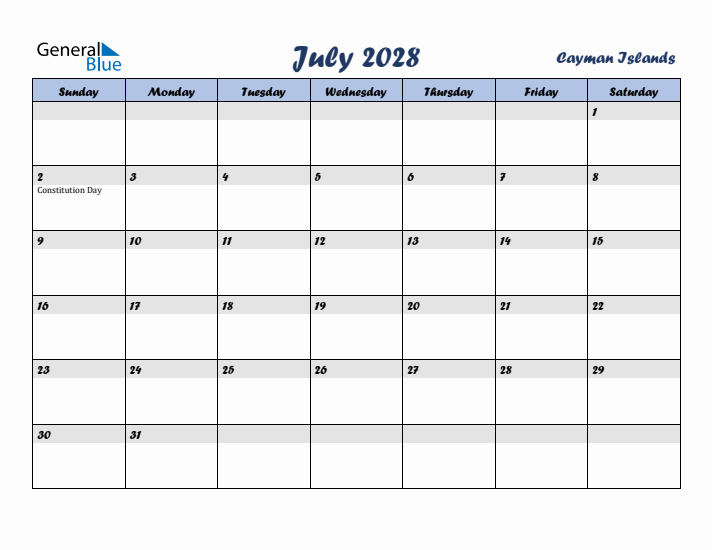 July 2028 Calendar with Holidays in Cayman Islands