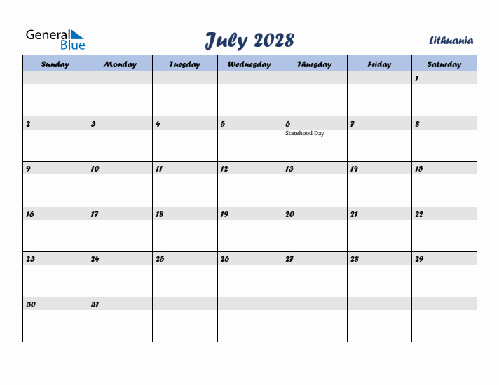 July 2028 Calendar with Holidays in Lithuania