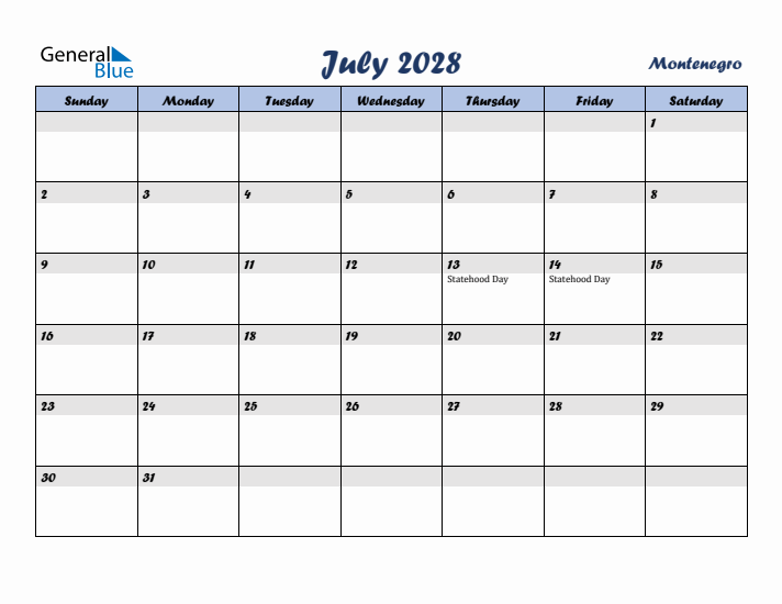 July 2028 Calendar with Holidays in Montenegro