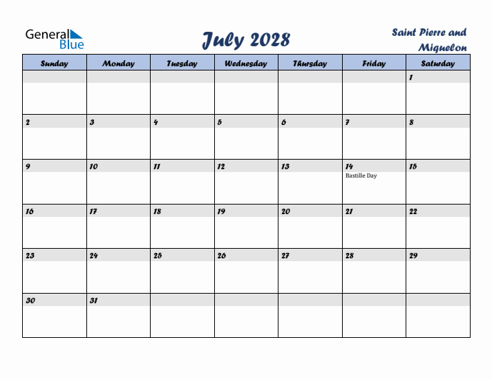 July 2028 Calendar with Holidays in Saint Pierre and Miquelon