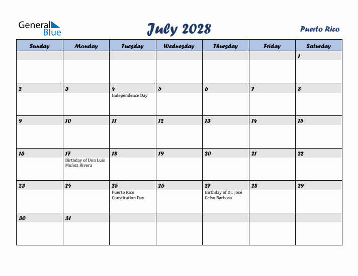 July 2028 Calendar with Holidays in Puerto Rico