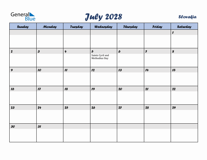 July 2028 Calendar with Holidays in Slovakia