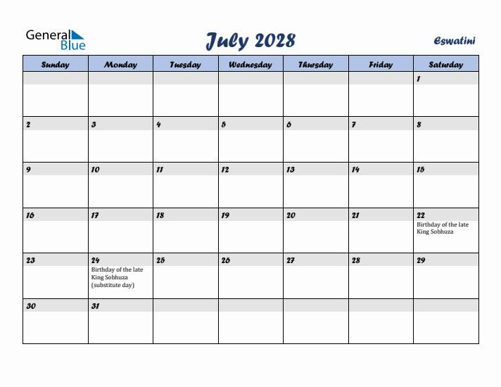 July 2028 Calendar with Holidays in Eswatini