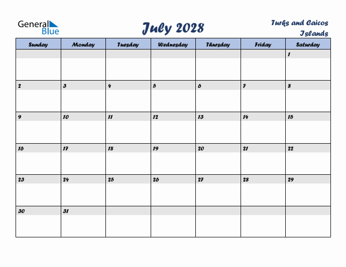 July 2028 Calendar with Holidays in Turks and Caicos Islands