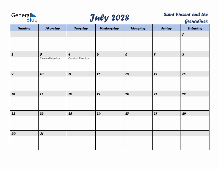 July 2028 Calendar with Holidays in Saint Vincent and the Grenadines