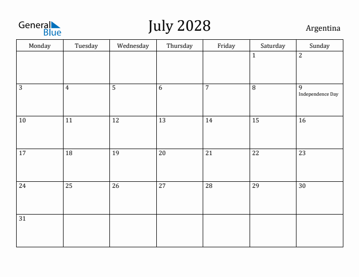 July 2028 Calendar Argentina