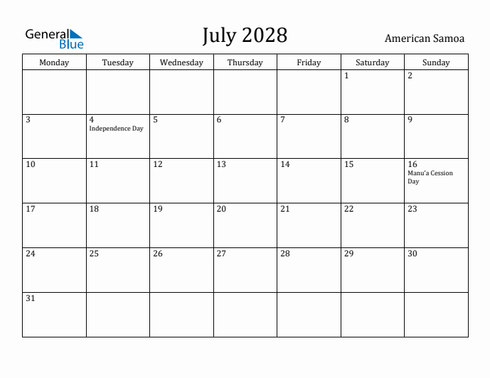 July 2028 Calendar American Samoa