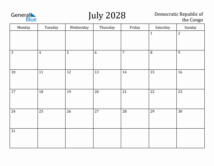 July 2028 Calendar Democratic Republic of the Congo