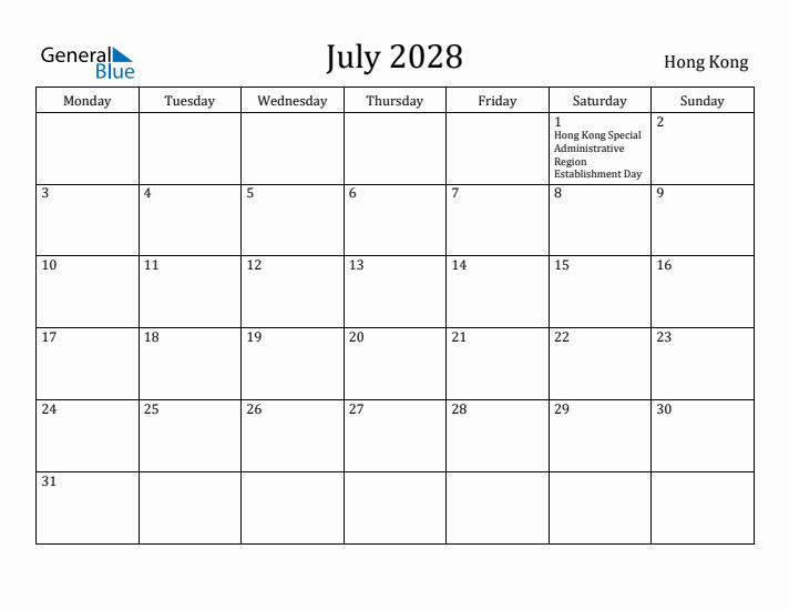 July 2028 Calendar Hong Kong
