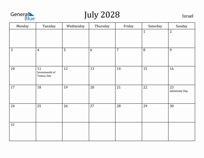 July 2028 Calendar Israel