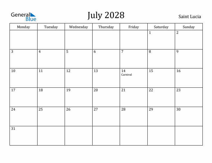 July 2028 Calendar Saint Lucia