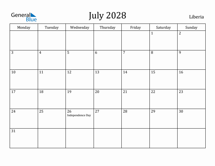 July 2028 Calendar Liberia