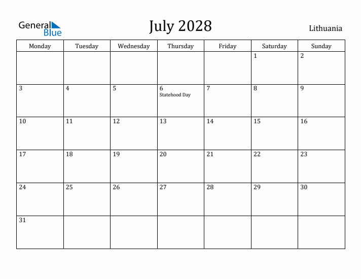 July 2028 Calendar Lithuania