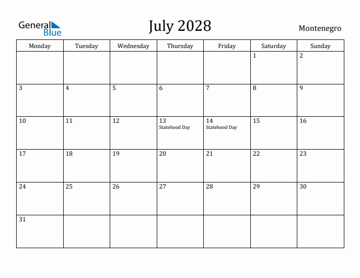 July 2028 Calendar Montenegro