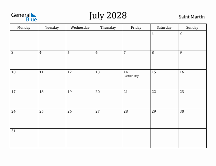 July 2028 Calendar Saint Martin