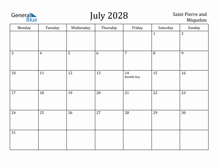 July 2028 Calendar Saint Pierre and Miquelon