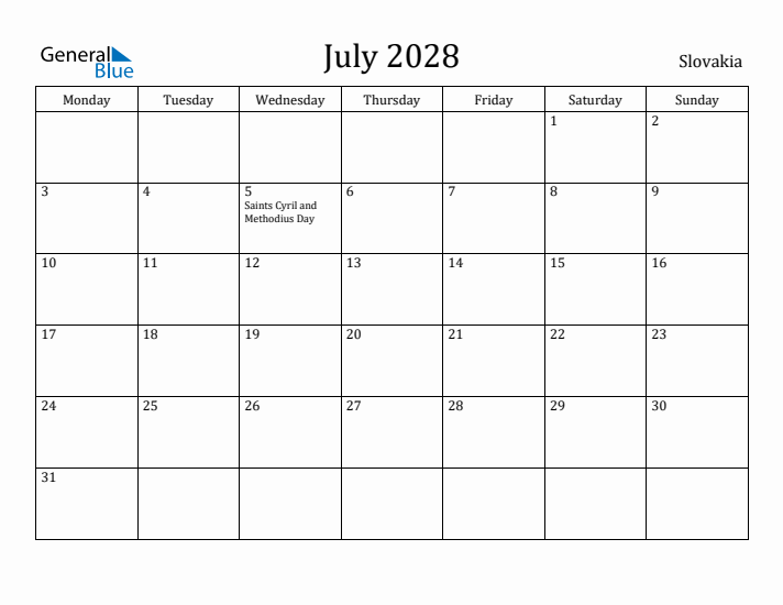 July 2028 Calendar Slovakia