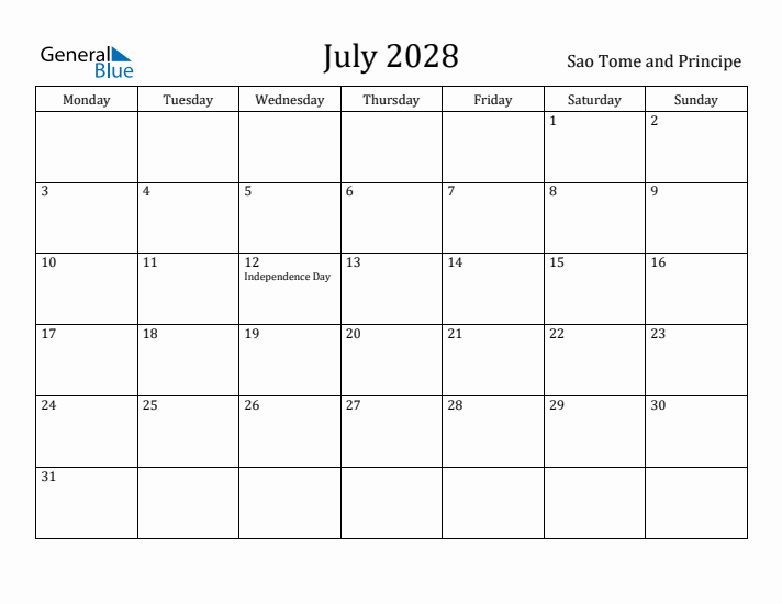 July 2028 Calendar Sao Tome and Principe