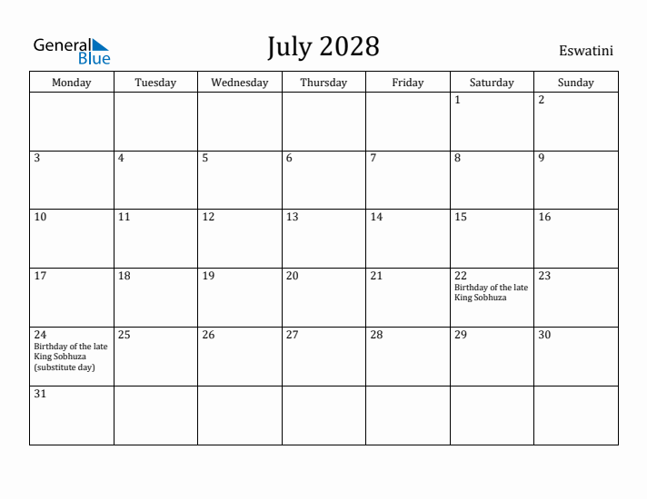 July 2028 Calendar Eswatini