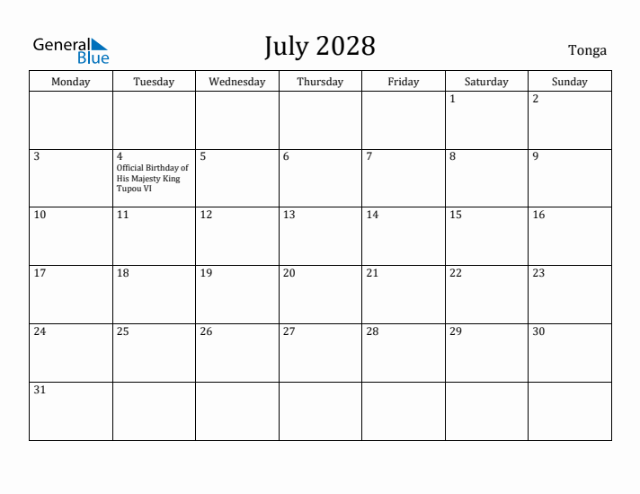 July 2028 Calendar Tonga