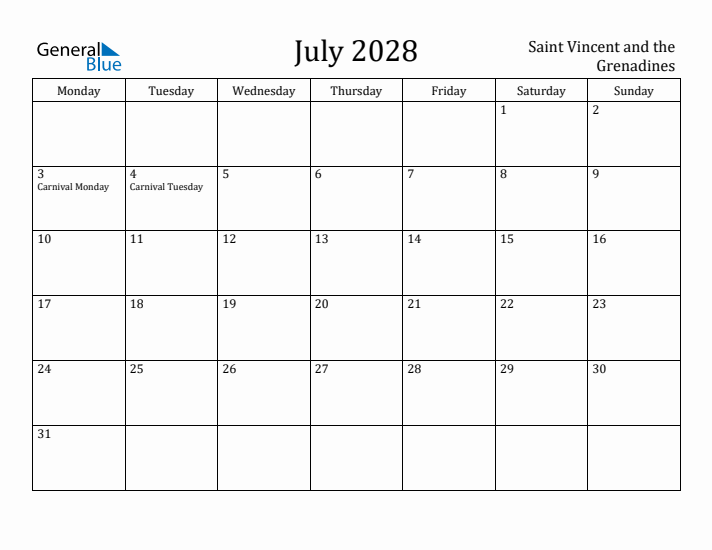 July 2028 Calendar Saint Vincent and the Grenadines