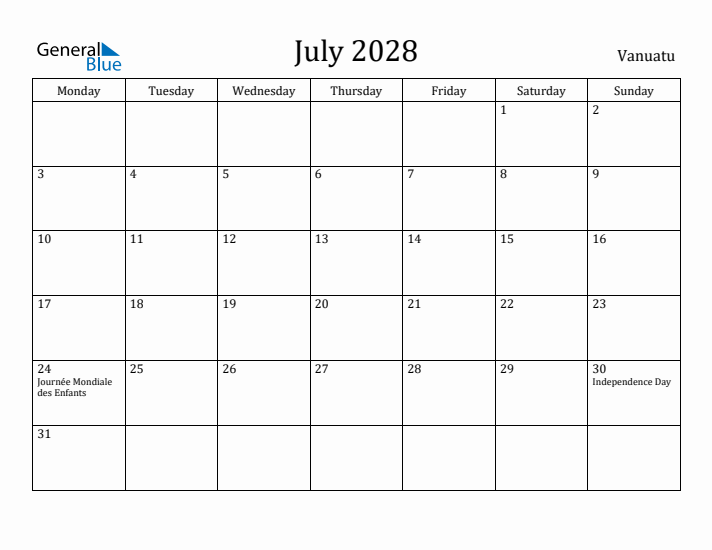 July 2028 Calendar Vanuatu