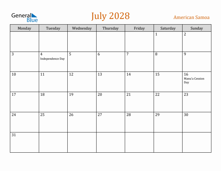 July 2028 Holiday Calendar with Monday Start