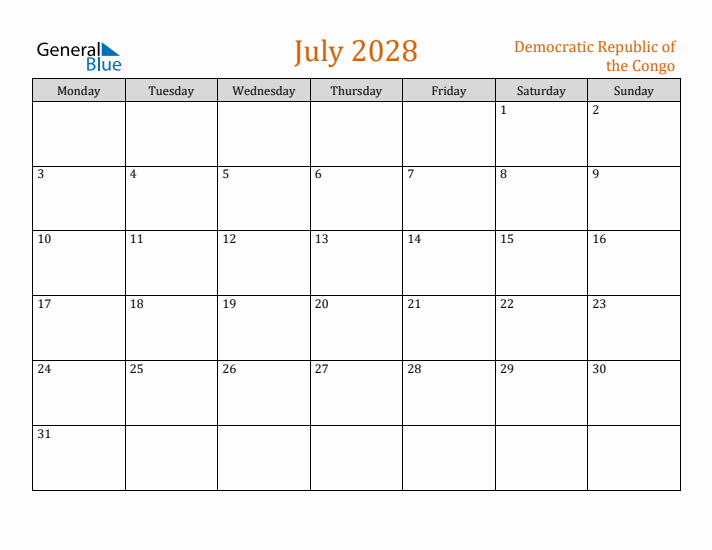July 2028 Holiday Calendar with Monday Start