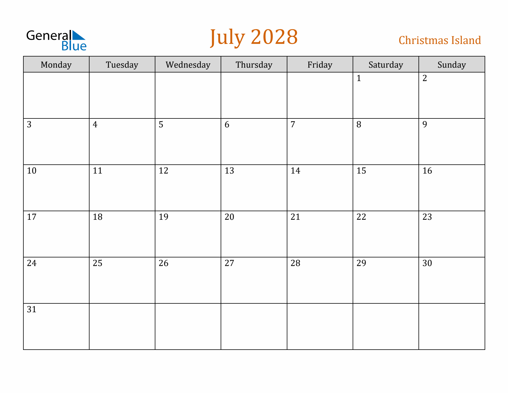 July 2028 Holiday Calendar with Monday Start