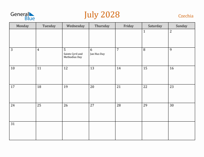 July 2028 Holiday Calendar with Monday Start