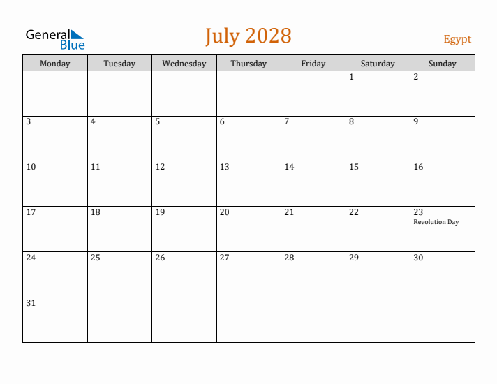 July 2028 Holiday Calendar with Monday Start