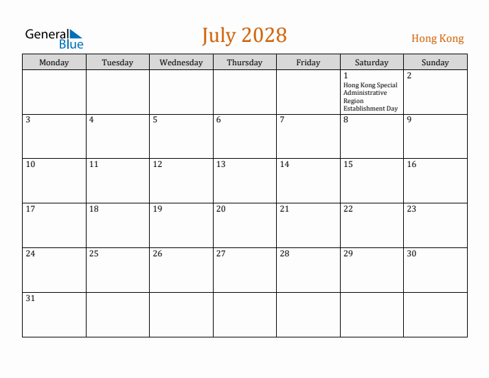 July 2028 Holiday Calendar with Monday Start