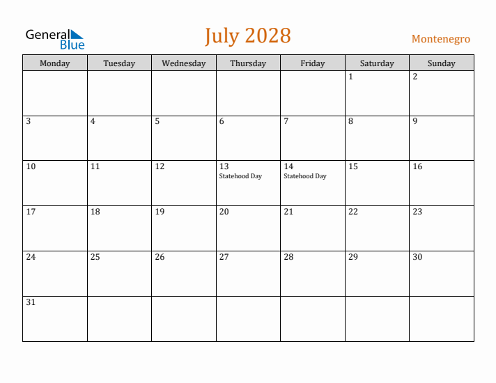 July 2028 Holiday Calendar with Monday Start