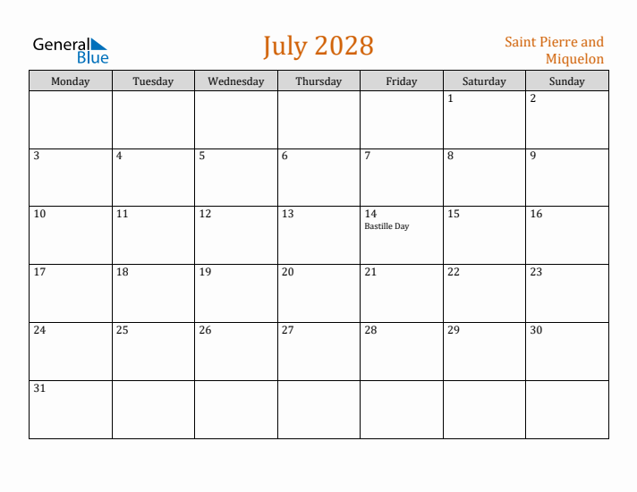 July 2028 Holiday Calendar with Monday Start