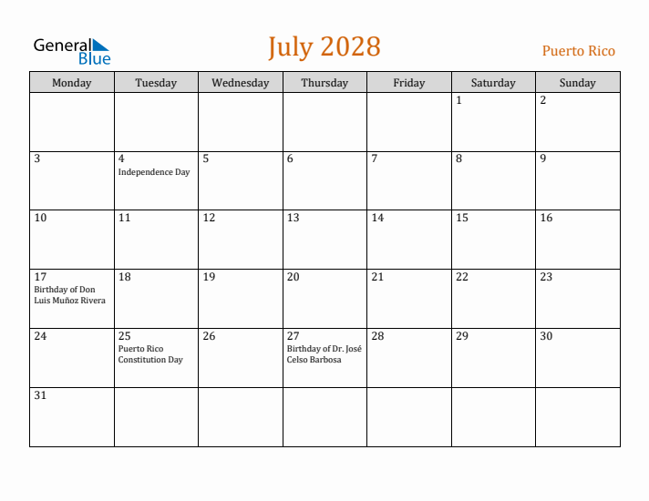 July 2028 Holiday Calendar with Monday Start