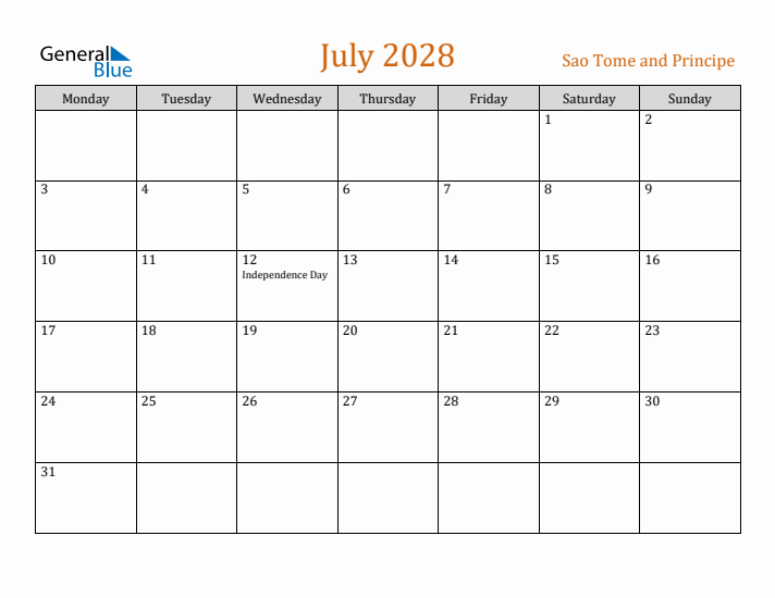 July 2028 Holiday Calendar with Monday Start