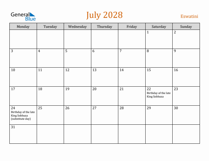 July 2028 Holiday Calendar with Monday Start