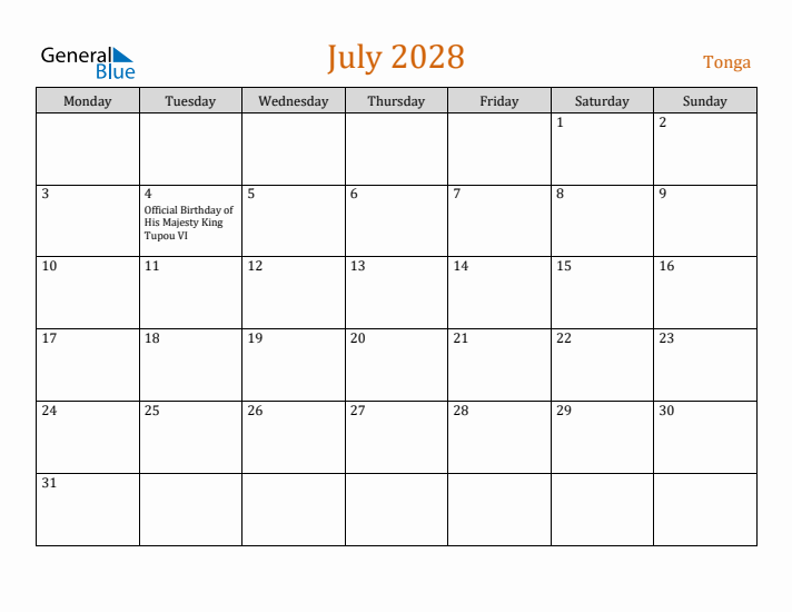 July 2028 Holiday Calendar with Monday Start