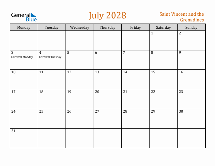 July 2028 Holiday Calendar with Monday Start