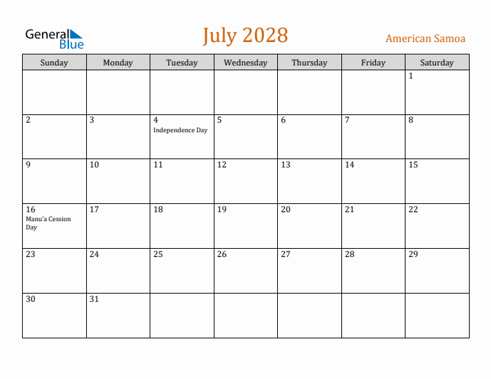 July 2028 Holiday Calendar with Sunday Start
