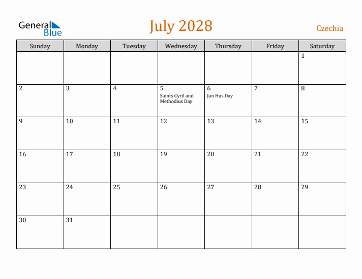 July 2028 Holiday Calendar with Sunday Start