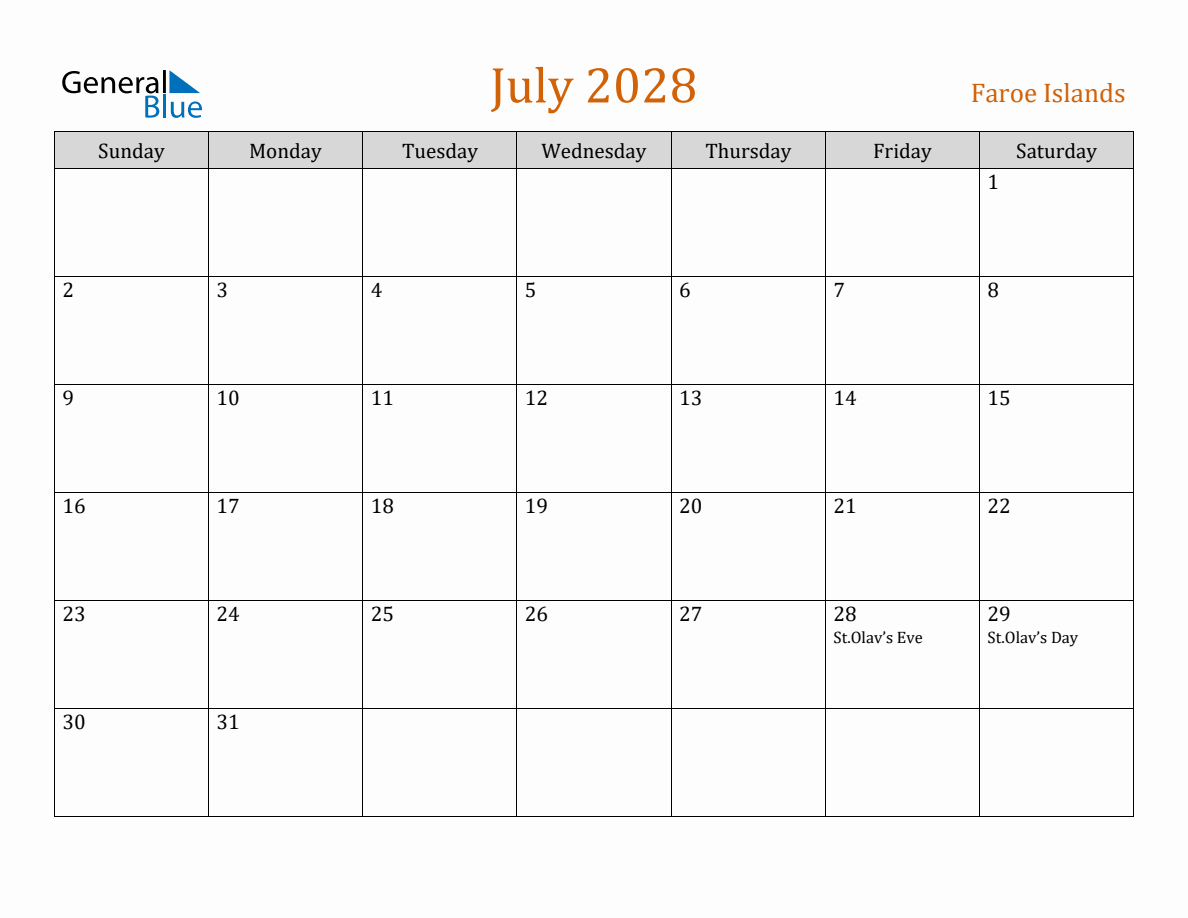 Free July 2028 Faroe Islands Calendar