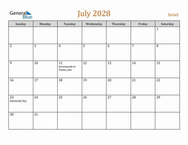 July 2028 Holiday Calendar with Sunday Start