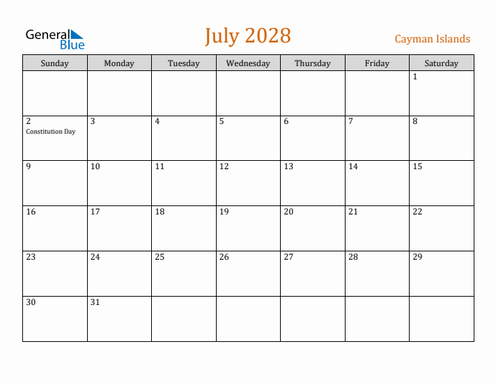 July 2028 Holiday Calendar with Sunday Start