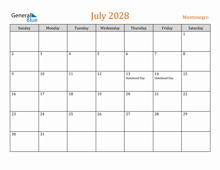July 2028 Holiday Calendar with Sunday Start