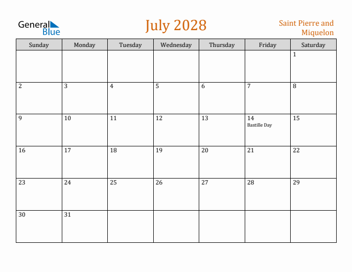 July 2028 Holiday Calendar with Sunday Start