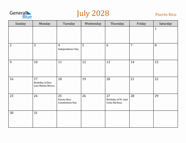 July 2028 Holiday Calendar with Sunday Start